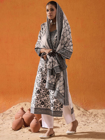 Dhiyona IE White Floral Printed V-Neck Straight Kurta with Trousers & Dupatta