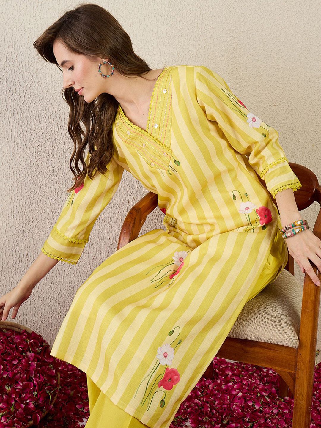 Striped V-Neck Linen Straight Kurta With Trouser