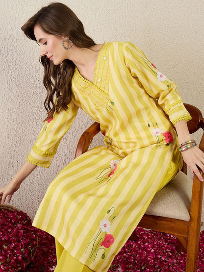 Striped V-Neck Linen Straight Kurta With Trouser