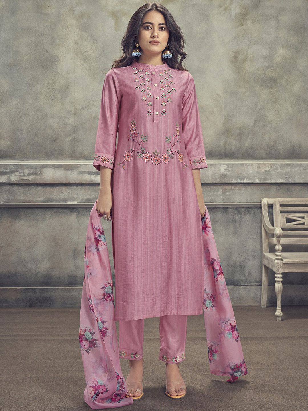 Pink Floral Embroidered Kurta & Trousers With Dupatta