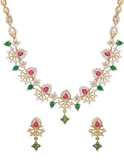 Dhiyona RJ Women's Gold-Plated CZ and Ruby & Emerald Studded Necklace Set
