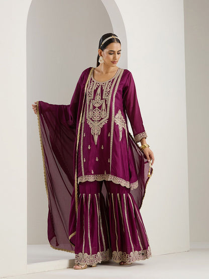 Dhiyona IS Women's Ethnic Motifs Embroidered Regular Thread Work Straight Kurta with Sharara & Dupatta