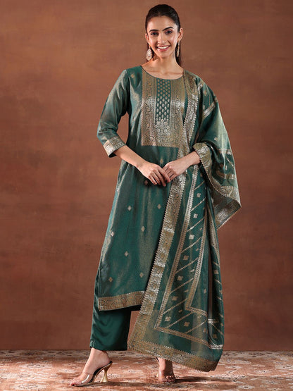 Dhiyona LB Women's Green and Gold Ethnic Motifs Woven Design Straight Kurta with Trouser & Dupatta