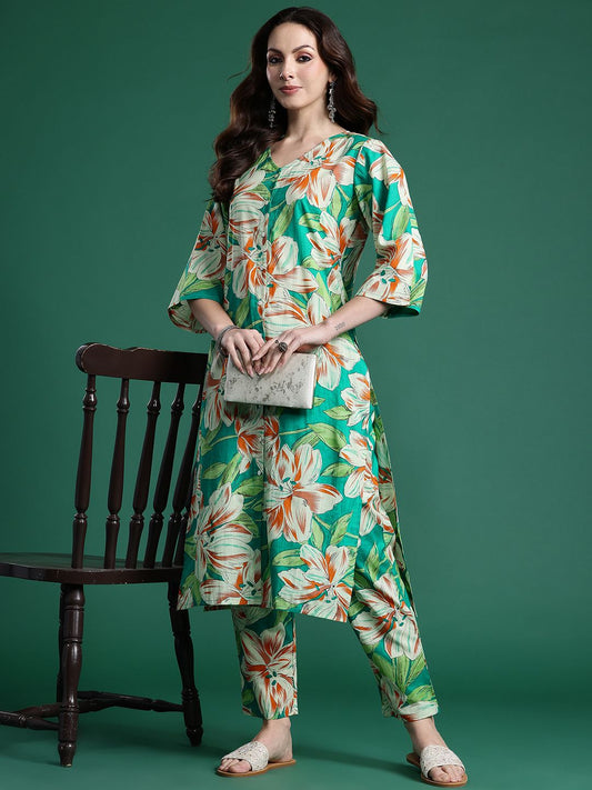 Dhiyona IE Women Floral Printed Regular Pure Cotton Kurta with Trousers