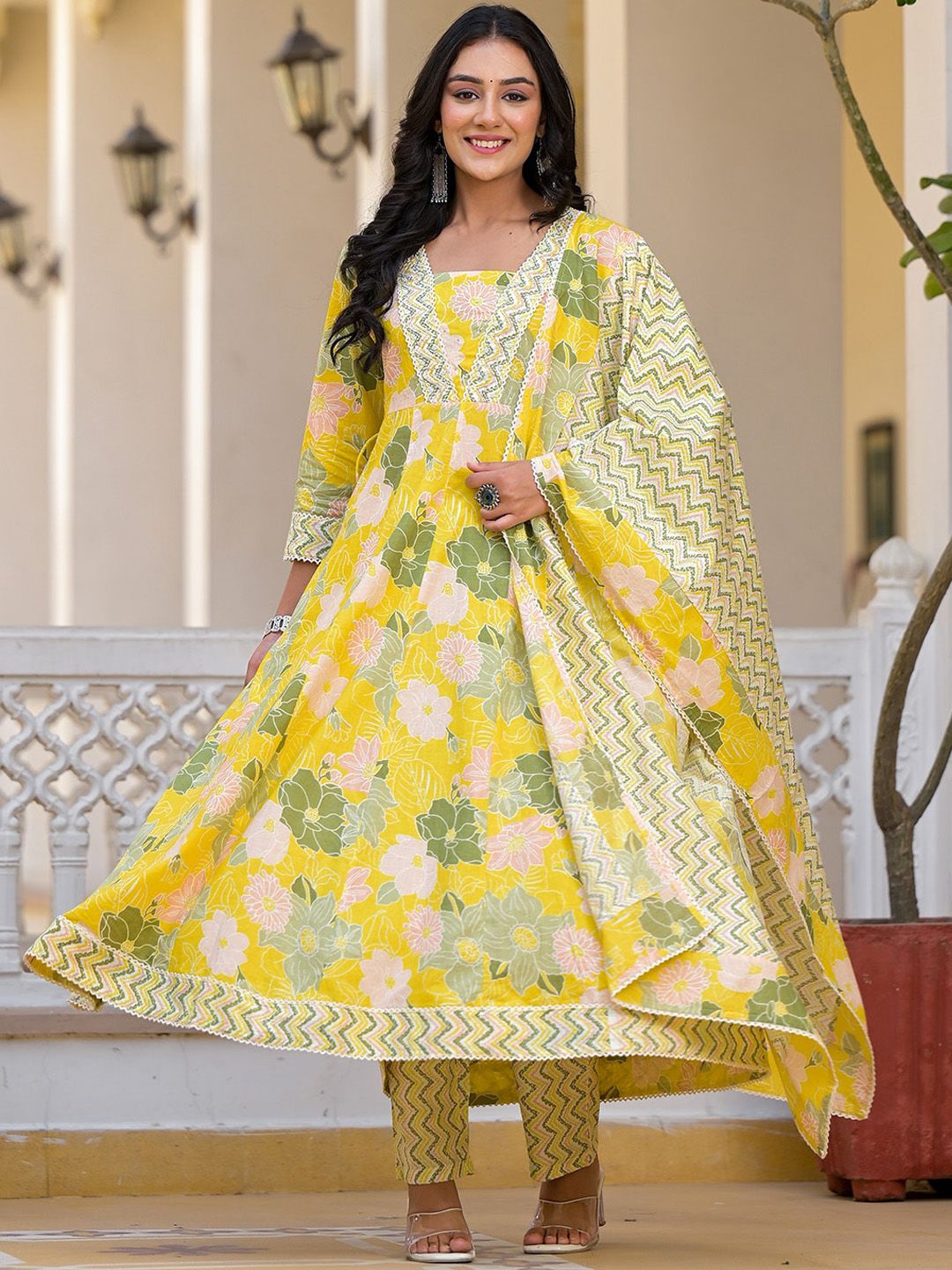 Dhiyona IS Women's Floral Printed Panelled Beads and Stones Anarkali Kurta With Trouser & Dupatta
