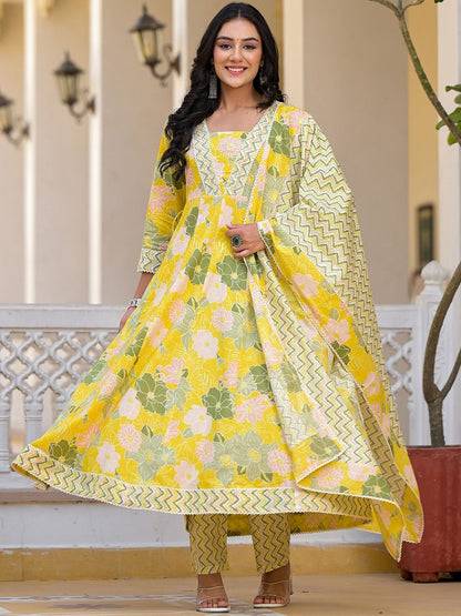 Dhiyona IS Women's Floral Printed Panelled Beads and Stones Anarkali Kurta With Trouser & Dupatta