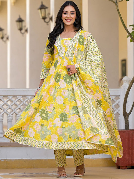Dhiyona IS Women's Floral Printed Panelled Beads and Stones Anarkali Kurta With Trouser & Dupatta