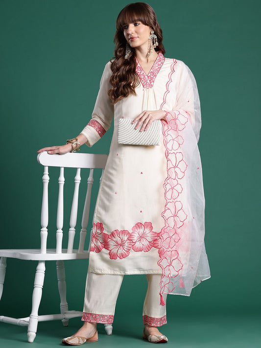 Floral Embroidered Pleated Thread Work Kurta with Trousers & With Dupatta