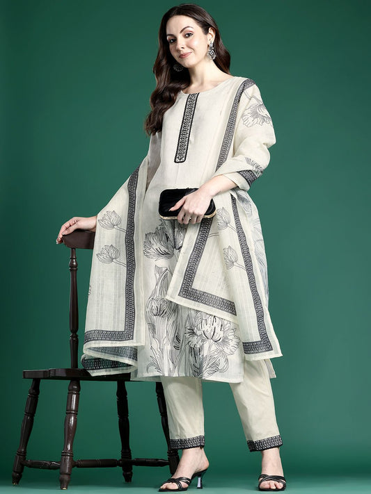 Dhiyona IE Floral Printed Linen Kurta with Trousers & Dupatta