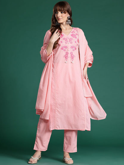 Dhiyona IE Floral Embroidered Pure Cotton Kurta with Trousers & Dupatta