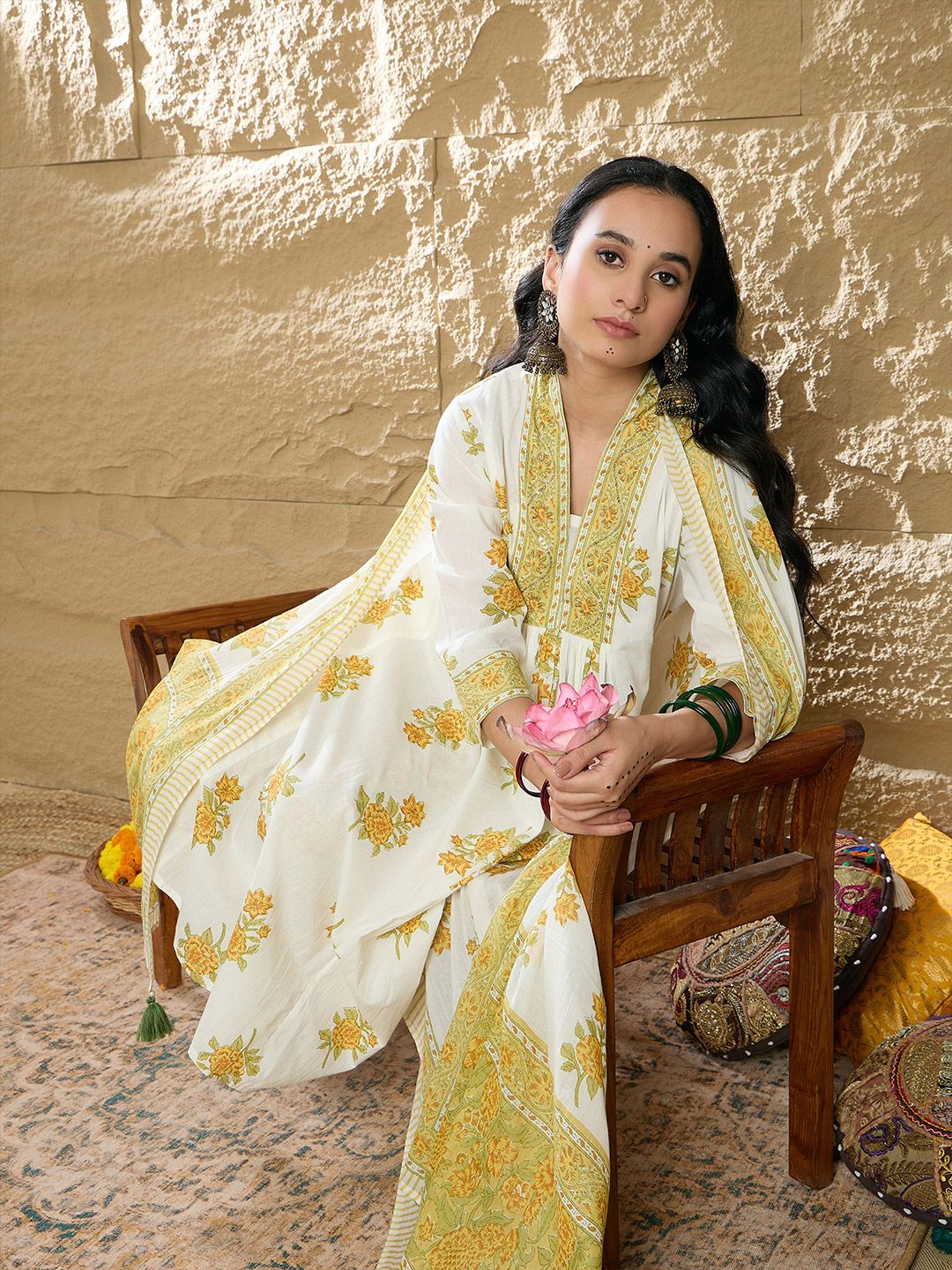 Floral Printed Pleated Beads and Stones Pure Cotton Kurta with Trousers & Dupatta