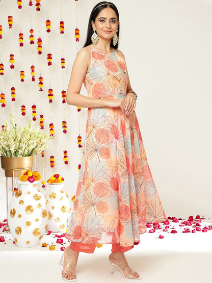 Dhiyona VA Women'sFloral Printed Halter Neck Anarkali Kurta & Trousers With Dupatta