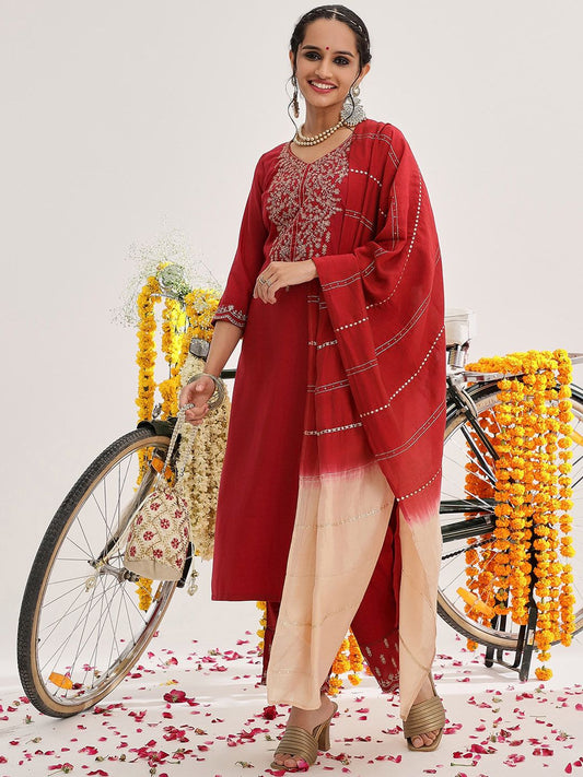 Dhiyona VA Women'sEthnic Motifs Yoke Design Zari Kurta & Trousers With Dupatta