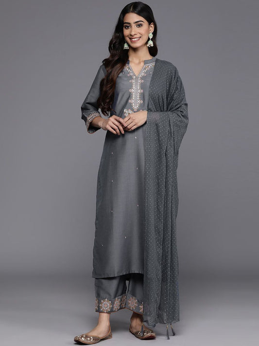 Dhiyona VA Women'sFloral Embroidered Mandarin Collar Straight Kurta with Trousers & Dupatta