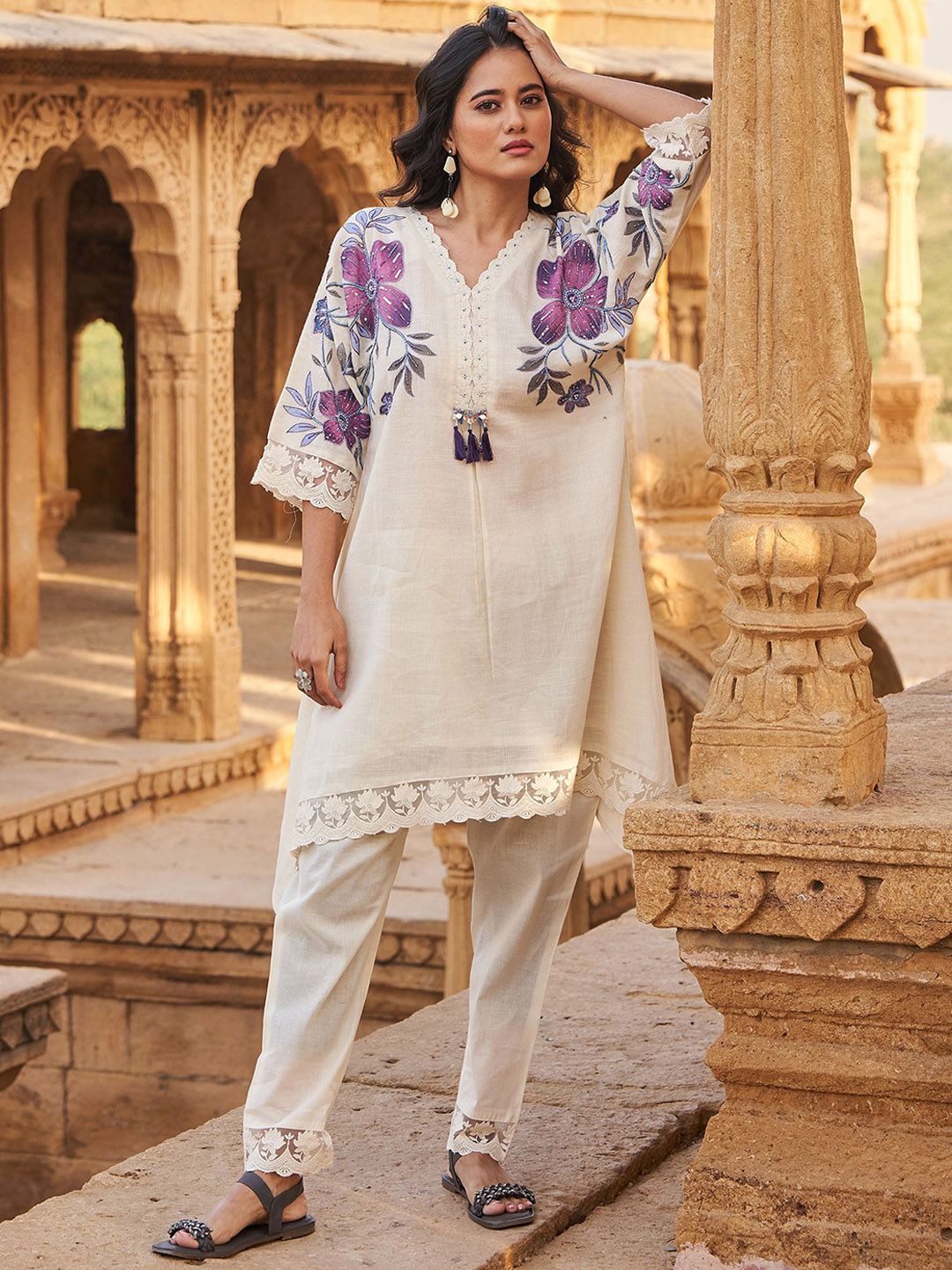 Floral Printed Beads And Stones V-Neck A-Line Pure Cotton Kurta With Trousers