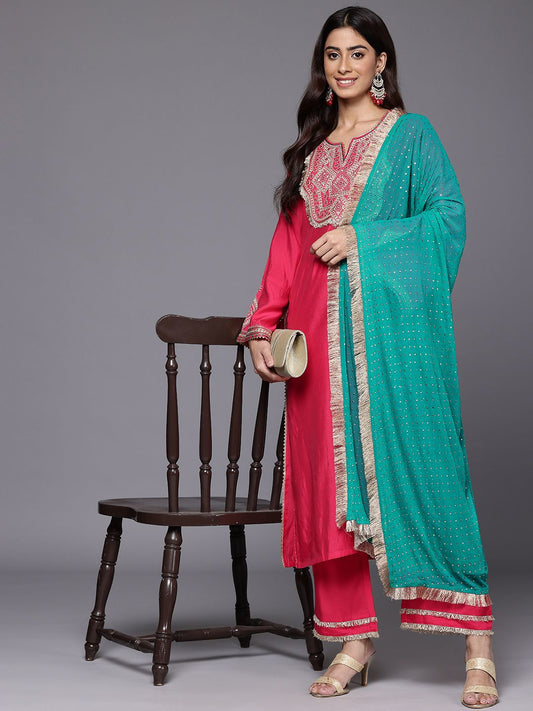 Dhiyona VA Women's Ethnic Motifs Embroidered Regular Mirror Work Kurta with Trousers & Dupatta