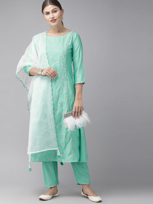 Women Sea Green & Beige Embroidered Kurta with Trousers & Dupatta