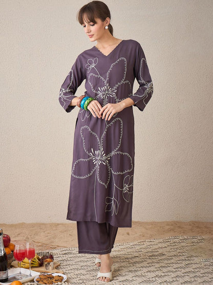 Dhiyona IE Women Floral Embroidered Regular Thread Work Kurta with Palazzos