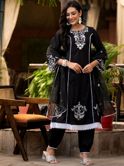 Dhiyona VA Women'sEthnic Motif Thread Embroidered A-Line Kurta With Afghani Trouser & Dupatta