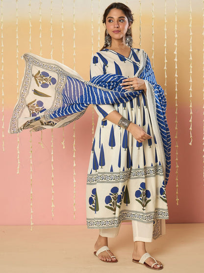 Ethnic Motifs Printed Angrakha A-Line Pure Cotton Kurta With Trousers & Dupatta