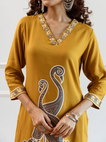 Women Embroidered Regular Beads and Stones Kurta with Trousers