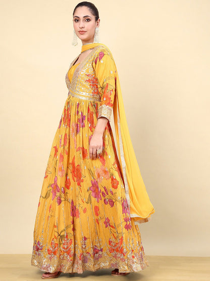 Dhiyona SO Women's Women Floral Embroidered Pleated Sequinned Kurta with Churidar & With Dupatta