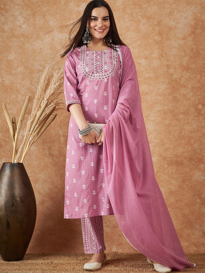 Dhiyona SN Women's Floral Printed Pure Cotton Kurta With Trousers & Dupatta