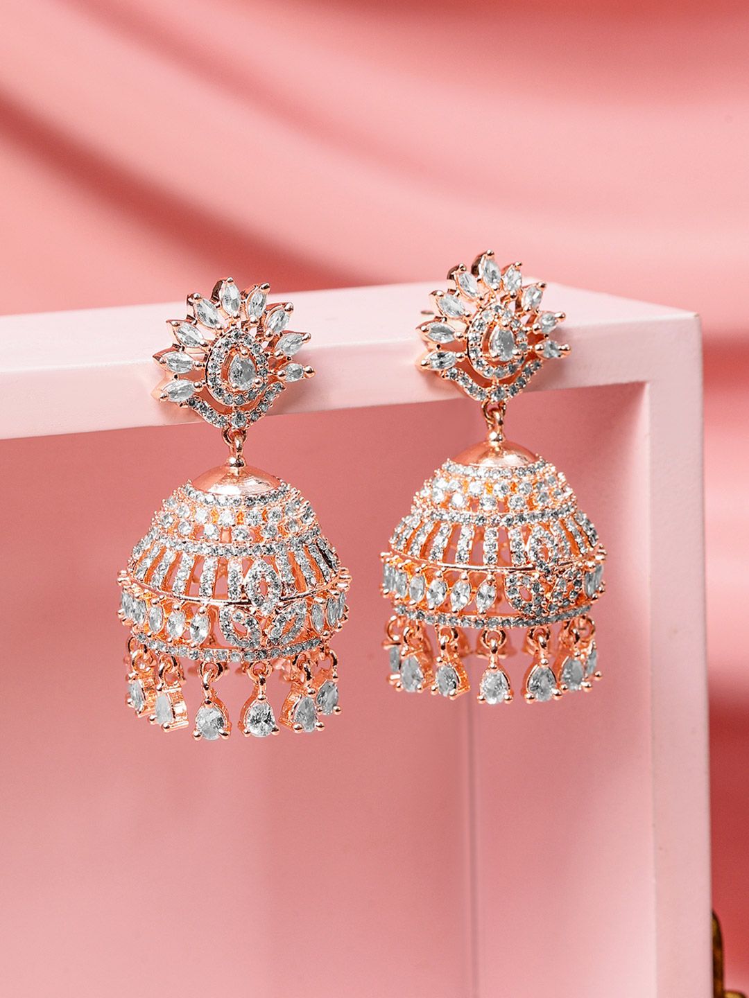 Dhiyona RJ Women's 18K Rose Gold Plated Cubic Zirconia Studded Dome Shaped Statement Jhumka