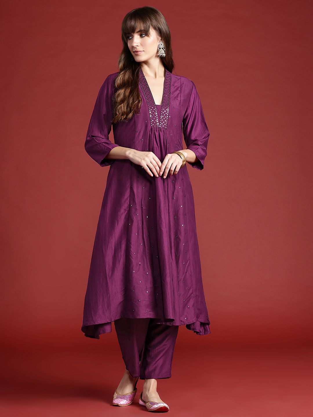 Embroidered Panelled Sequinned Kurta with Trousers