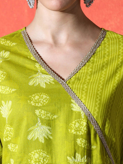 Dhiyona SN Women's Floral Printed Angrakha V-Neck Pure Cotton Straight Kurta & Trousers With Dupatta