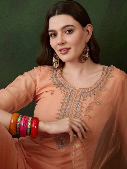 Dhiyona SN Women's Peach Floral Embroidered Zari Straight Kurta With Trouser And Dupatta