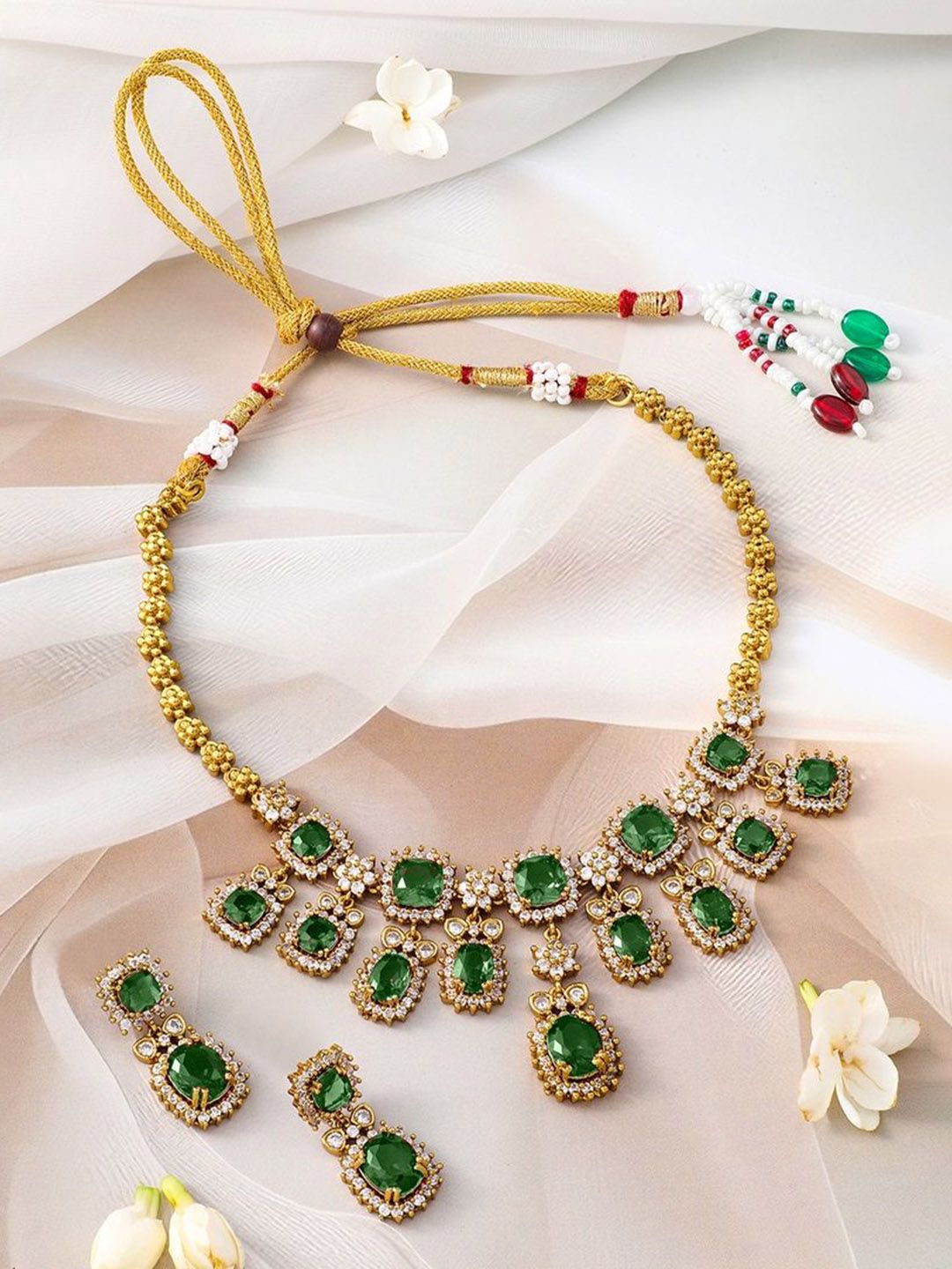 Dhiyona RJ Women's 22K Gold-Plated Emerald Green Stone & Sparkling Cubic Zirconia Studded Necklace Set