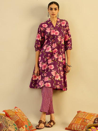 Floral Printed V-Neck Pure Cotton A-Line Kurta with Trouser