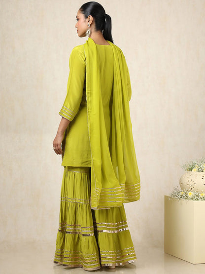 Dhiyona SO Women's Floral Embroidered Notch Neck Mirror Work Straight Kurta With Sharara And Dupatta
