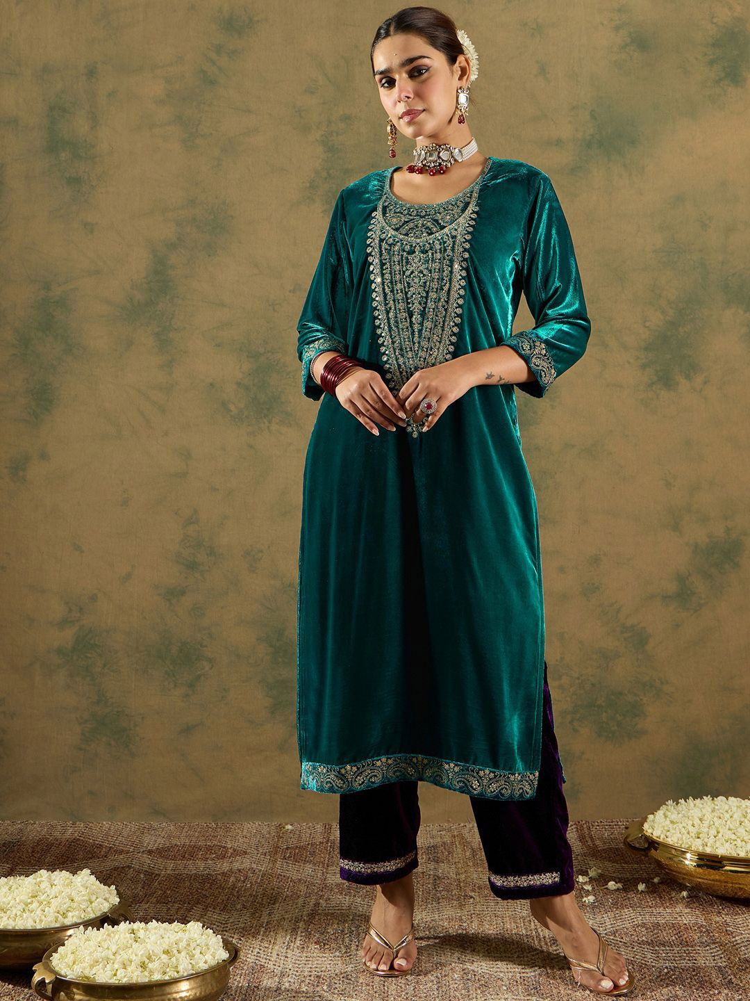 Floral Yoke Design Sequinned Velvet Straight Kurta With Trousers & Dupatta