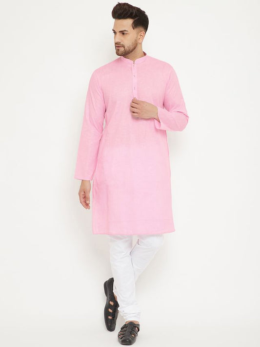 Men's Pink Cotton Blend Straight Kurta Pyjama Set