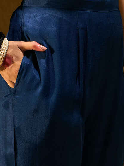 Ethnic Motifs Embroidered V-Neck Jacquard Straight Kurta With Trousers & Dupatta