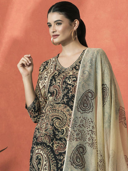 Dhiyona SN Women's Paisley Printed V-Neck Beaded Pure Cotton Straight Kurta With Salwar And Dupatta
