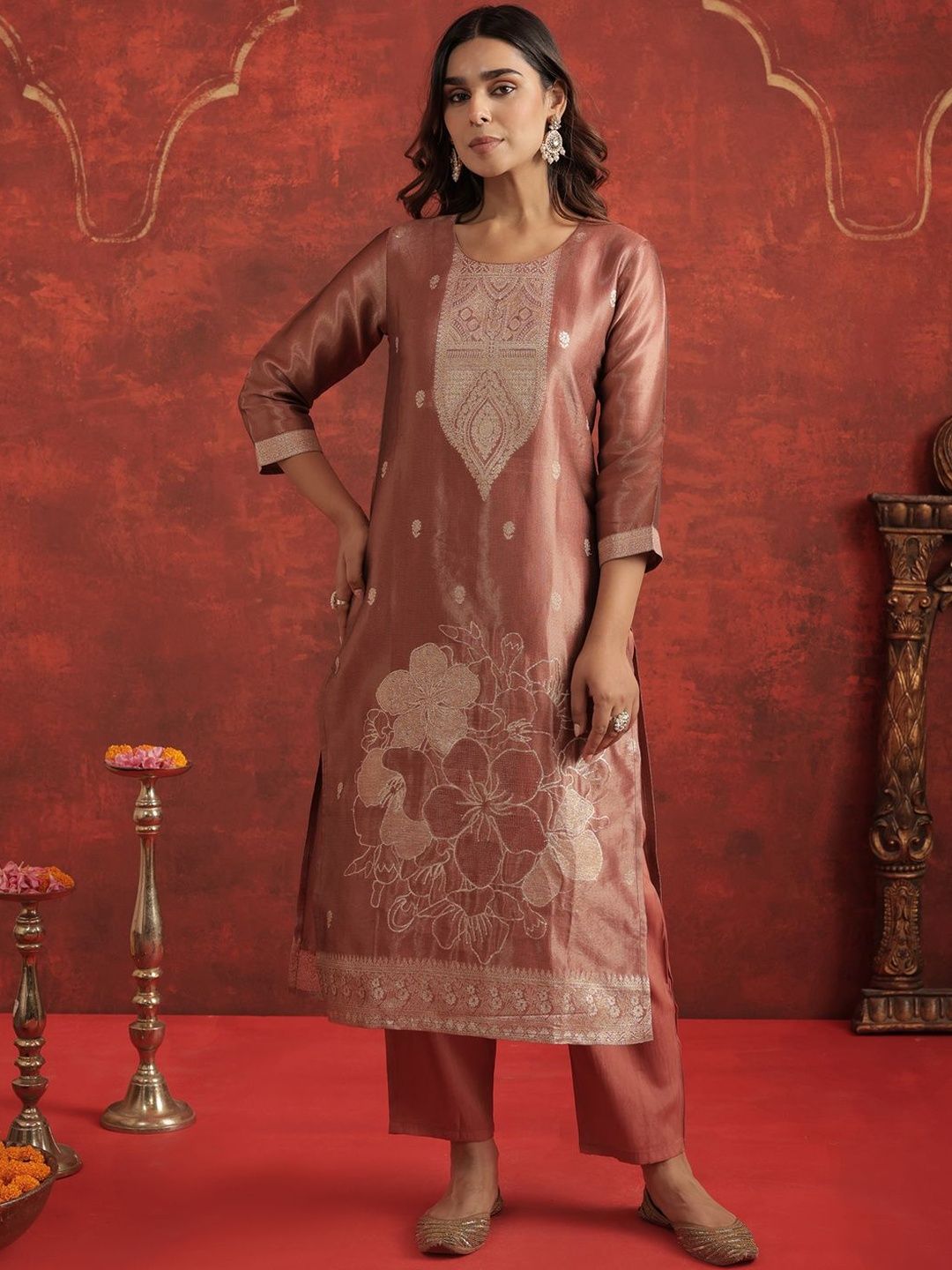 Floral Woven Design Round Neck Straight Kurta With Trousers & Dupatta