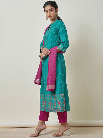 Dhiyona SO Women's Alina Cut Woven Design Mandarin Collar Thread Work Chanderi Silk Kurta &Trouser & Dupatta