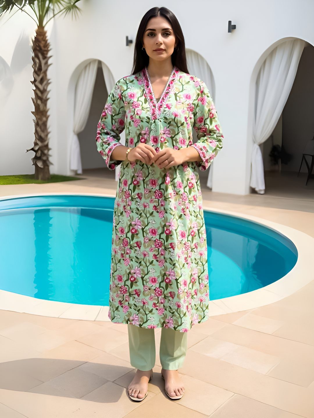 Dhiyona IE Floral Printed A-Line Tunic & Trouser Pure Cotton Co-Ord Set
