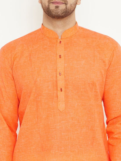 Men's Orange Cotton Blend Straight Kurta Pyjama Set