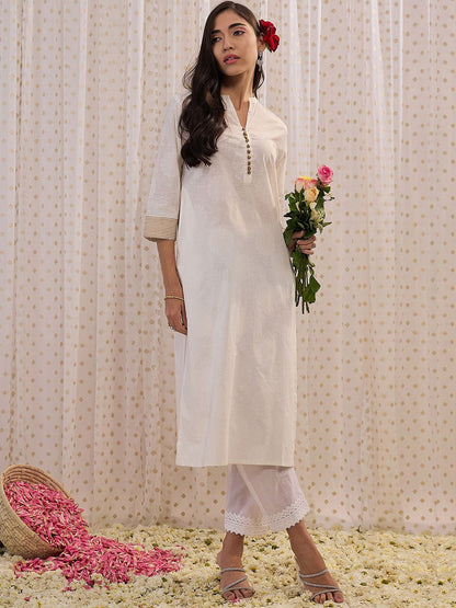 Dhiyona IE Off White Ethnic Mandarin Collar Motifs Printed Cotton Straight Kurta