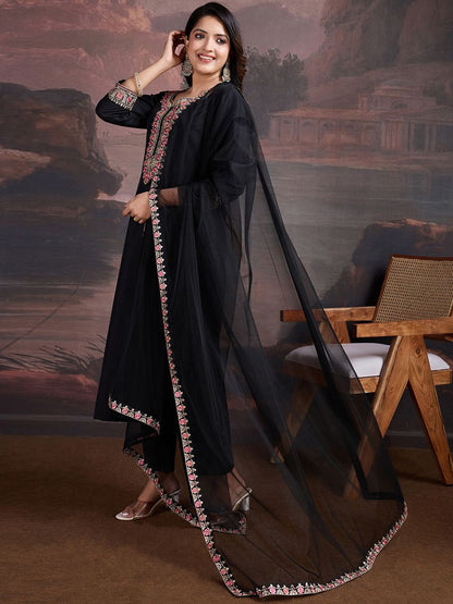 Dhiyona PD Women Floral Embroidered Thread Work Straight Kurta With Trousers & Dupatta