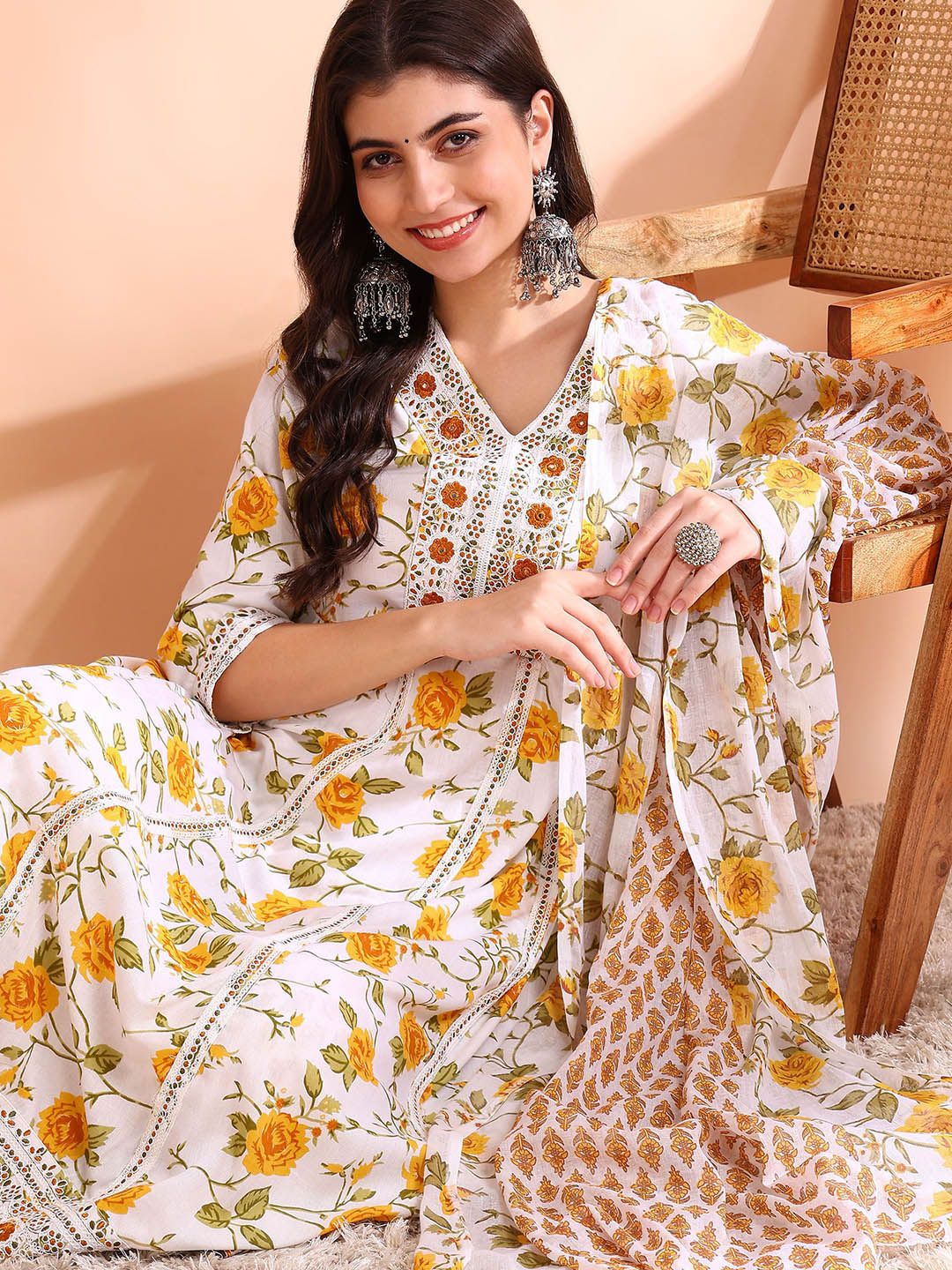 Dhiyona OD  Thread Work Pure Cotton Anarkali Kurta with Trousers & Dupatta
