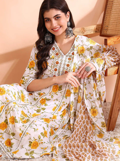 Dhiyona OD  Thread Work Pure Cotton Anarkali Kurta with Trousers & Dupatta