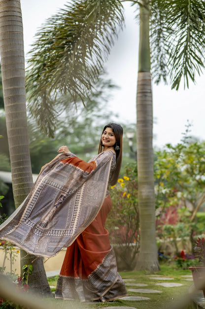 Women Yogita Madhubani 3 Orange Saree With Unstiched Blouse