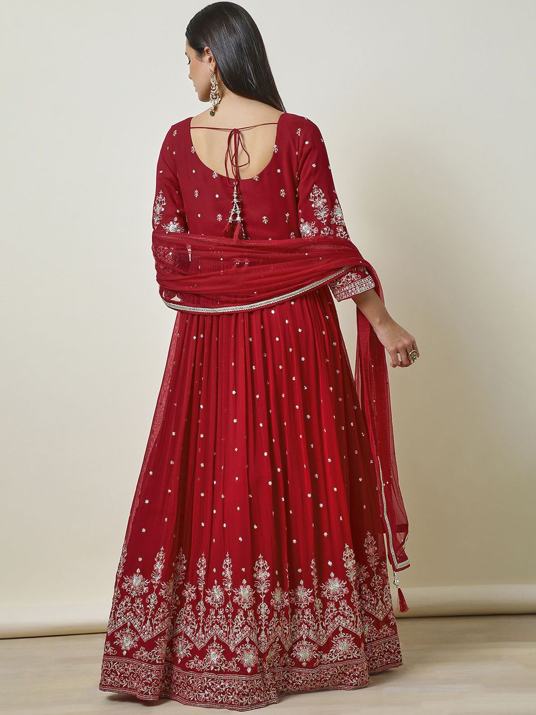 Dhiyona SO Women's Floral Embroidered Pleated Sequinned Anarkali Kurta with Churidar & Dupatta