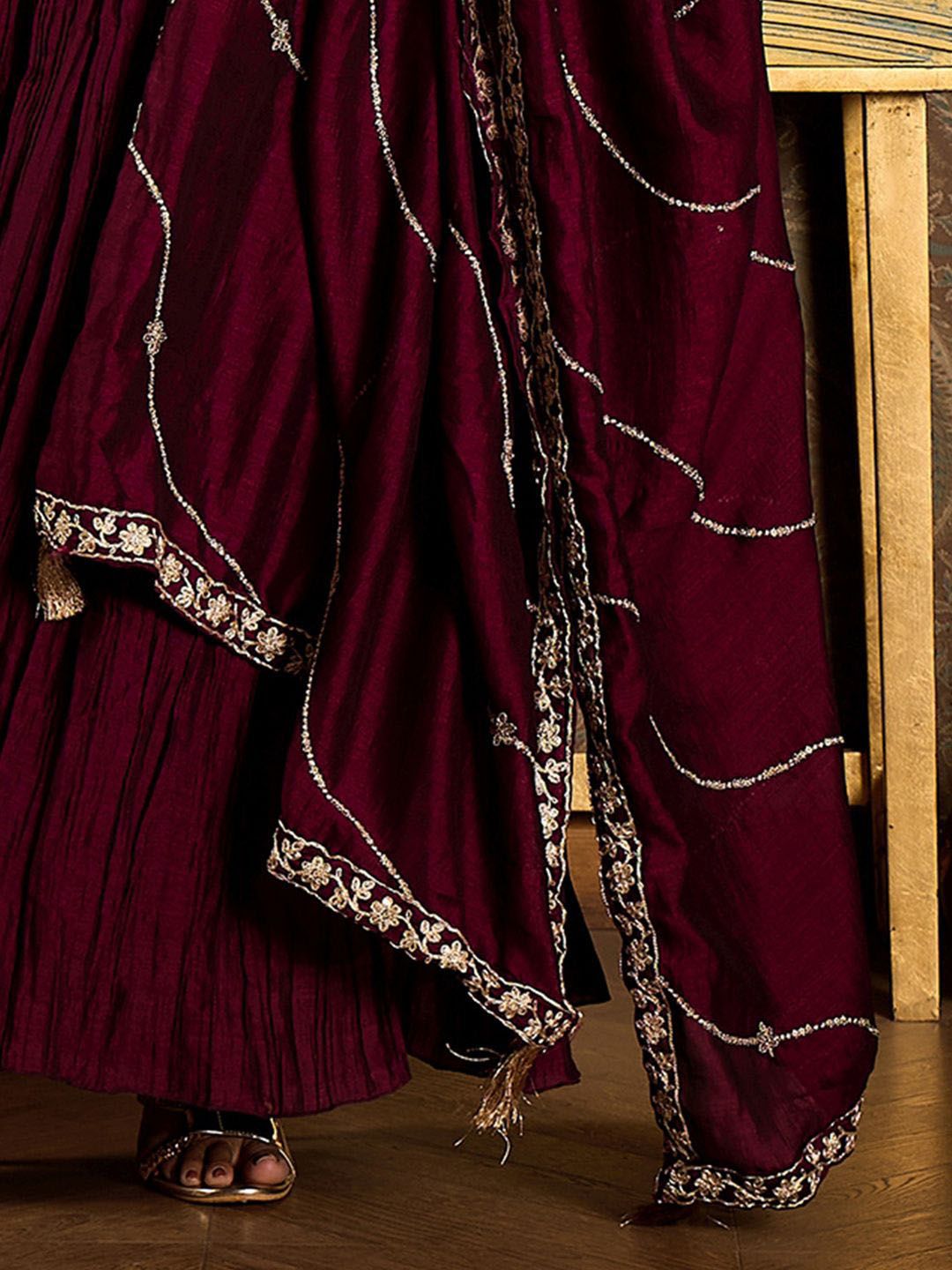 Floral Zari Embroidered Pleated A-Line Kurta with Trouser & Dupatta