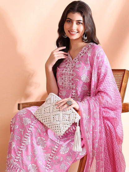 Dhiyona OD  Thread Work Pure Cotton Anarkali Kurta with Trousers & Dupatta